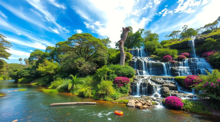 Panoramic view of beautiful waterfall in botanical garden, Dalat, Vietnam