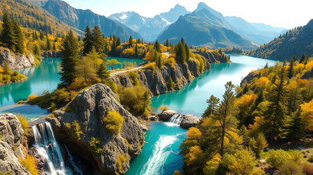 Autumn alpine landscape with turquoise water of mountain river.
