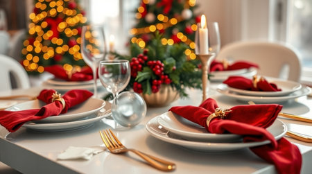 Festive table setting with red napkin and cutlery, closeup