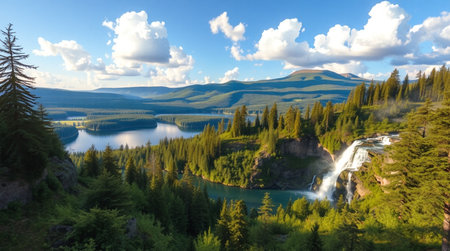 Panoramic view of the alpine lake and the waterfall.