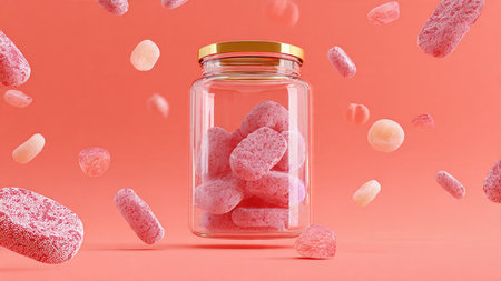 Jelly candies falling in jar on pink background, 3d illustration