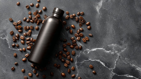 Coffee beans and a bottle on a dark backgroundの写真素材