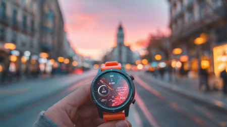 Close up of a man's hand holding a compass on the background of the city.