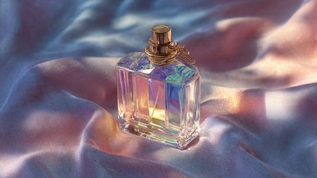 Perfume bottle on silk background, 3d rendering. Computer digital drawing.