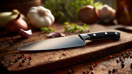 Kitchen knife on a cutting board with garlic, onion and herbs