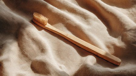 Wooden bamboo toothbrush on brown fabric background. Close up.の写真素材