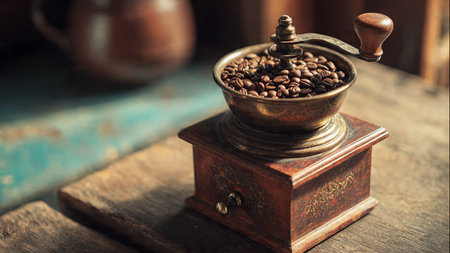 Coffee grinder with coffee beans on a wooden table.