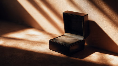 Black box for wedding rings on a background of light and shadows.