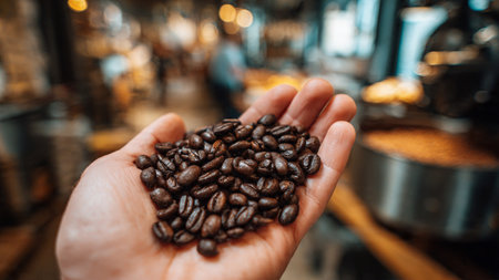 Coffee beans in the hands of a male barista.