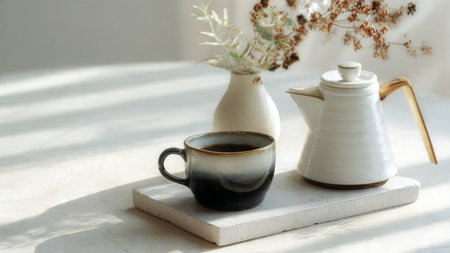 Coffee cup and teapot on white table in sunlight