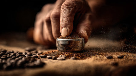 Coffee beans and hands of an old man on a dark backgroundの写真素材