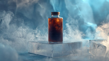 Glass bottle of iced beverage with ice cubes and smoke on blue background