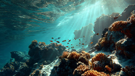 Underwater view of coral reef with fishes and sunbeams.