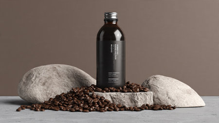 Coffee bottle with coffee beans on stone podium. 3d renderingの写真素材