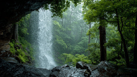 Waterfall in the forest in the morning. Landscape with waterfall.