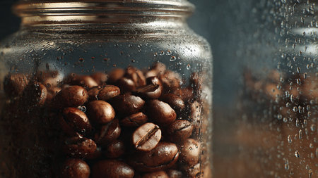 Coffee beans in a glass jar on a dark background.