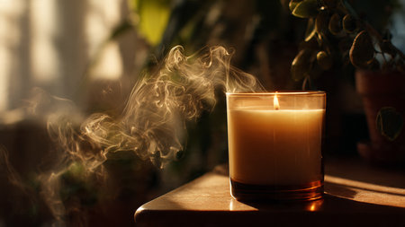 Burning candle in a glass on a wooden table in the sunlightの写真素材