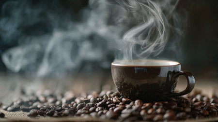 Coffee cup and coffee beans on a wooden table with smoke