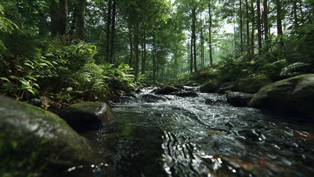 Stream in the woods with rocks and ferns in the foreground