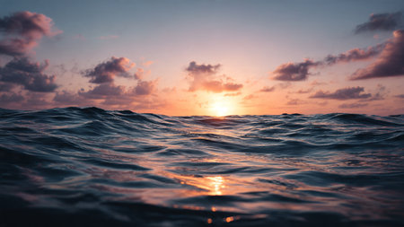 Beautiful sunset over the sea surface. The sun is reflected in the water.の写真素材