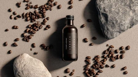 Mockup of brown glass bottle with coffee beans on gray backgroundの写真素材