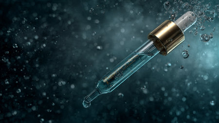 Cosmetic pipette with dropper on a dark background with water dropsの写真素材
