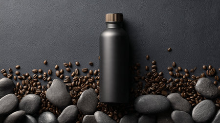 Blank black cosmetic bottle mockup with coffee beans on black background