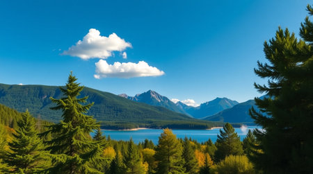panoramic view of turquoise lake and mountains in autumnの写真素材