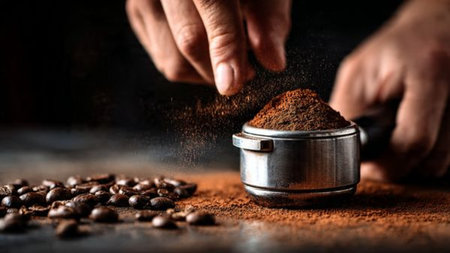 Coffee grinder with ground coffee and coffee beans on dark background