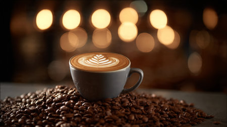 Cup of coffee with latte art on coffee beans background.