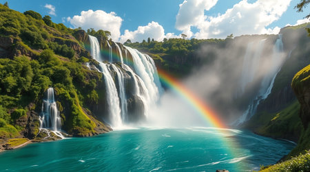 Panoramic view of Skogafoss waterfall in south Icelandの写真素材