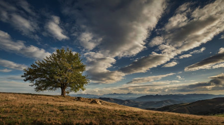 Lonely tree on a hillside in the Pyreneesの写真素材
