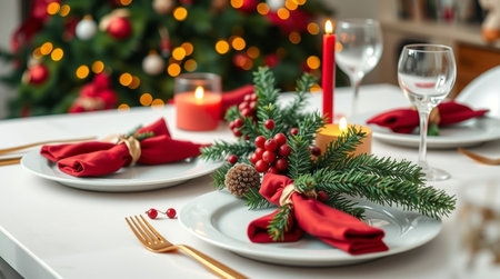 Christmas table setting with red napkins and Christmas tree in the backgroundの写真素材