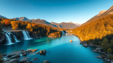 Mountain lake with waterfall at sunset in autumn, New Zealand.の写真素材
