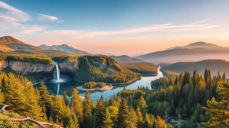 Aerial view of alpine lake and waterfall at sunset. Beautiful summer landscape.の写真素材