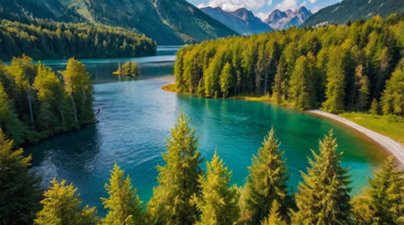 Panoramic view of turquoise alpine lake in high mountains