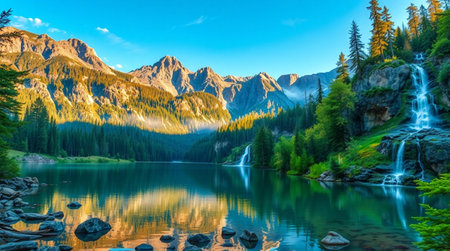 Mountain lake in the Dolomites at sunrise, Italy.の写真素材
