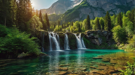 Waterfall in the Dolomites, Italy. Panoramic view