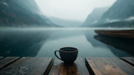 Cup of coffee on a wooden terrace in foggy morningの写真素材