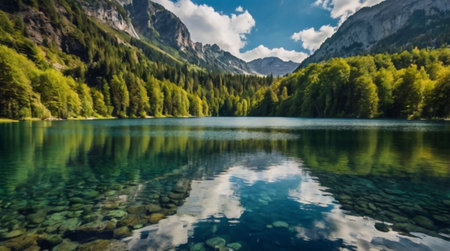 Beautiful alpine lake with crystal clear water, reflection of mountains in water