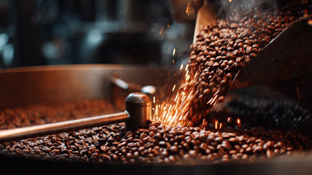 Coffee beans being roasted in a roasting machine, close-upの写真素材