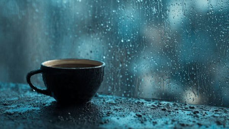 Coffee cup on a rainy day. Rain drops on the window.の写真素材