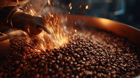 Coffee beans being roasted in a metal roasting machine.