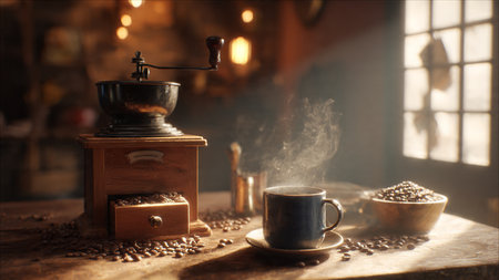 Coffee grinder and coffee beans on a wooden table.の写真素材