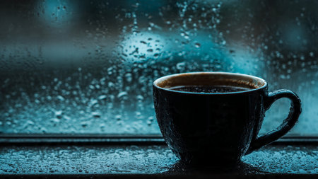 Coffee cup on rainy window with water drops. Selective focus