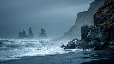 Fantastic view of Reynisfjara Beach in Iceland. Toned.の写真素材
