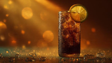 Cuba libre cocktail with lime and ice cubes on dark background