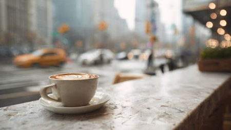 Coffee cup on the table in the city, blur backgroundの写真素材