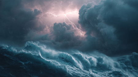 Stormy sea with lightning in stormy sky. 3D rendering
