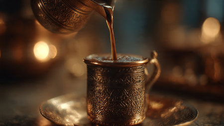 Turkish coffee in a copper cup on a dark background. Selective focus.の写真素材